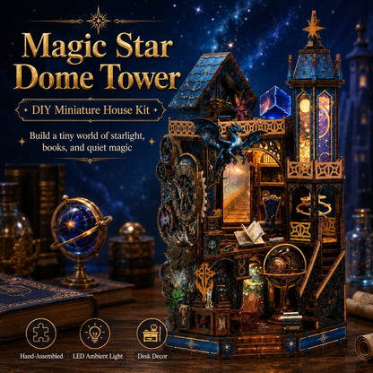 A decorative miniature house kit labeled 'Magic Star Dome Tower' shown assembled on a tabletop with themed props including books, a globe, and a starry night backdrop. The product is a detailed fantasy tower with glowing windows, shelves, a dome structure, and small decorative elements.