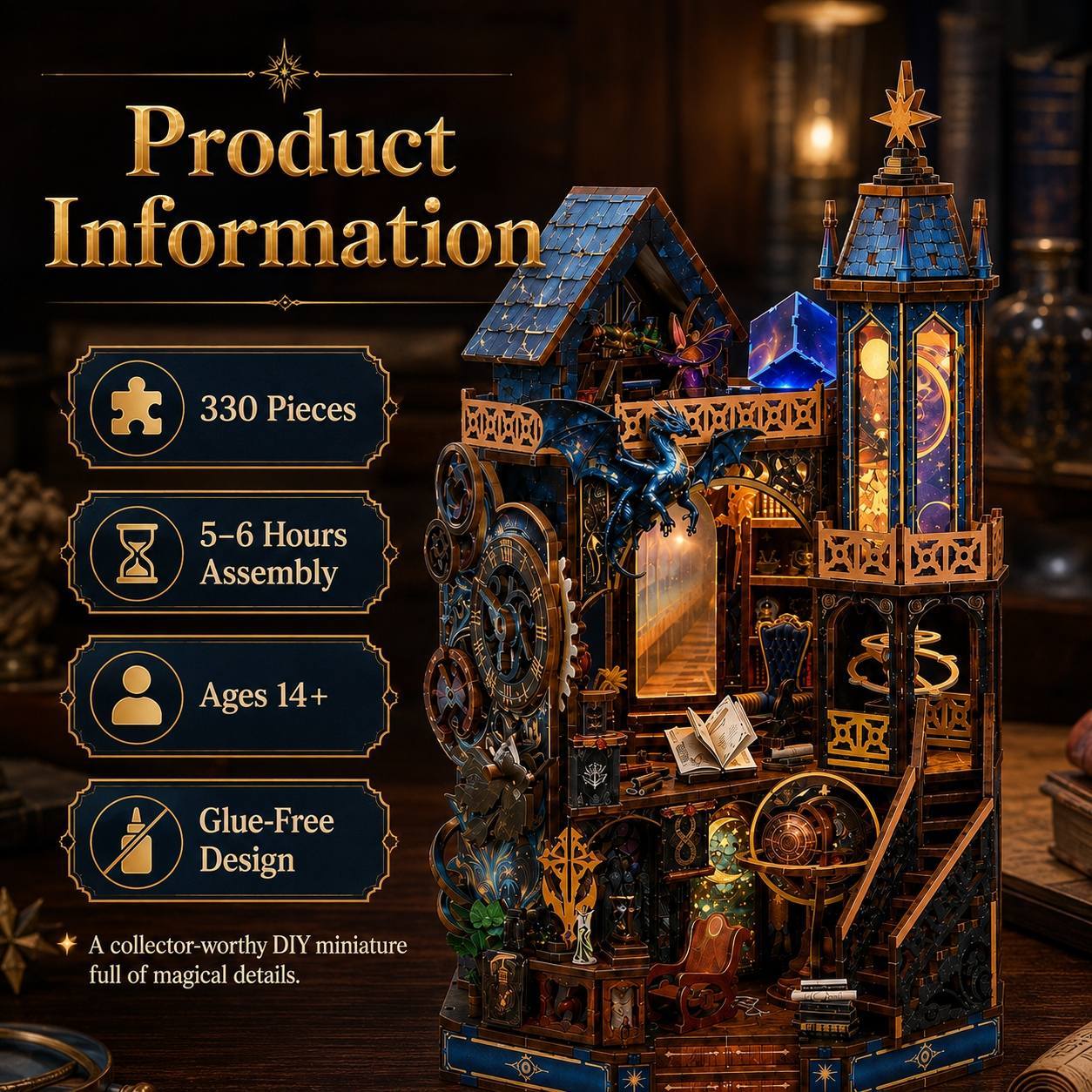 A Celestial DIY miniature building set shown with product information text on a dark warm background. The main subject is a detailed assembled model featuring blue roofs, gold-toned gears, lit windows, and fantasy-themed decorations.