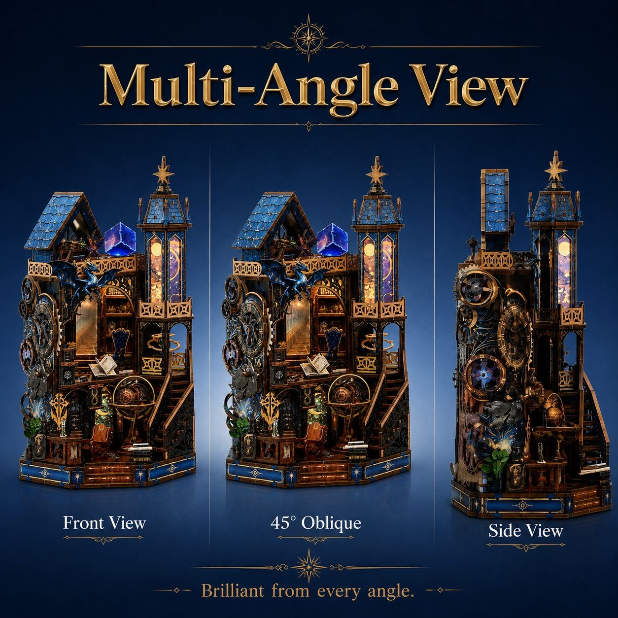A promotional multi-angle view graphic showing a decorative Celestial tower structure from three perspectives: front view, 45-degree oblique view, and side view. The image includes the text 'Multi-Angle View' at the top and labels for each view on a dark blue gradient background.