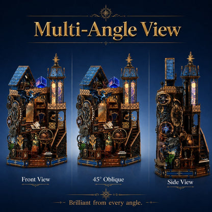 A promotional multi-angle view graphic showing a decorative Celestial tower structure from three perspectives: front view, 45-degree oblique view, and side view. The image includes the text 'Multi-Angle View' at the top and labels for each view on a dark blue gradient background.