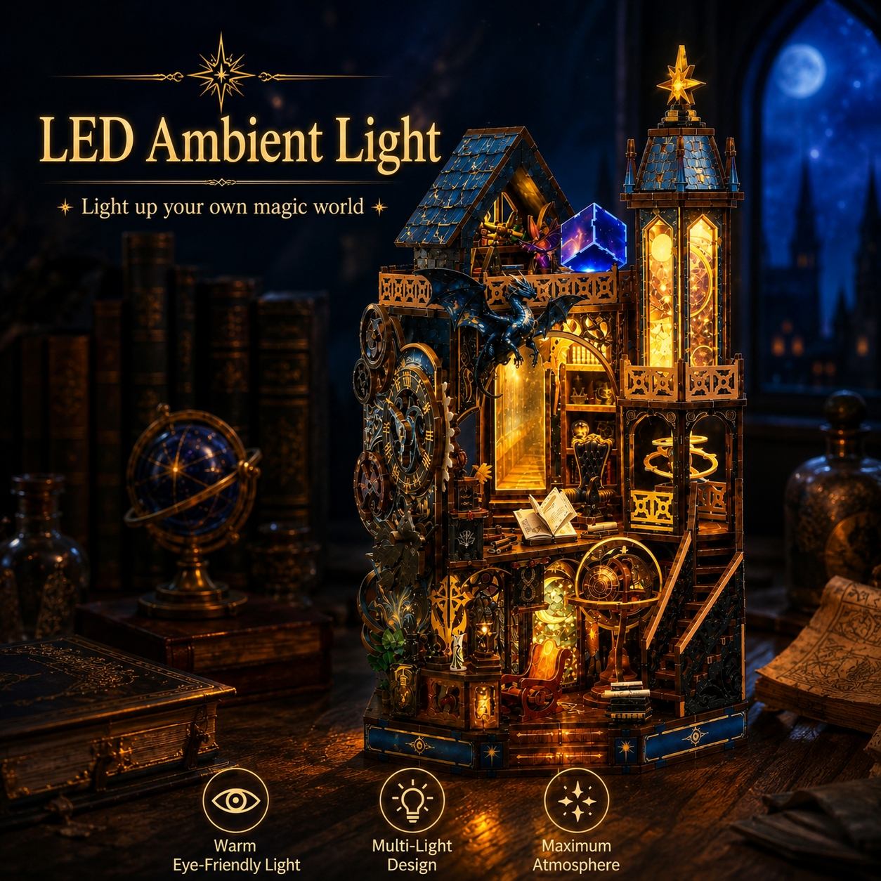 A decorative fantasy Celestial castle night light with intricate gears, shelves, and glowing LED windows, displayed on a wooden desk with books and globes in a dark, atmospheric setting. Text at the top reads 'LED Ambient Light' and three feature icons appear at the bottom.