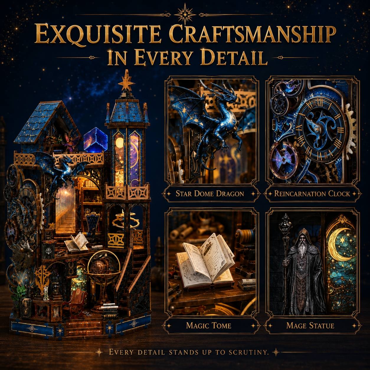 A fantasy-themed wooden craft kit displayed in a dark starry room, featuring a tall ornate house with glowing windows, a dragon figurine, a clock mechanism, an open book, and a robed fantasy statue. Large text at the top reads 'EXQUISITE CRAFTSMANSHIP IN EVERY DETAIL' with smaller labels beneath the inset components.