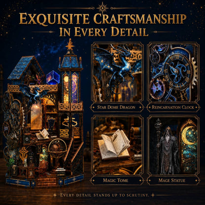 A fantasy-themed wooden craft kit displayed in a dark starry room, featuring a tall ornate house with glowing windows, a dragon figurine, a clock mechanism, an open book, and a robed fantasy statue. Large text at the top reads 'EXQUISITE CRAFTSMANSHIP IN EVERY DETAIL' with smaller labels beneath the inset components.