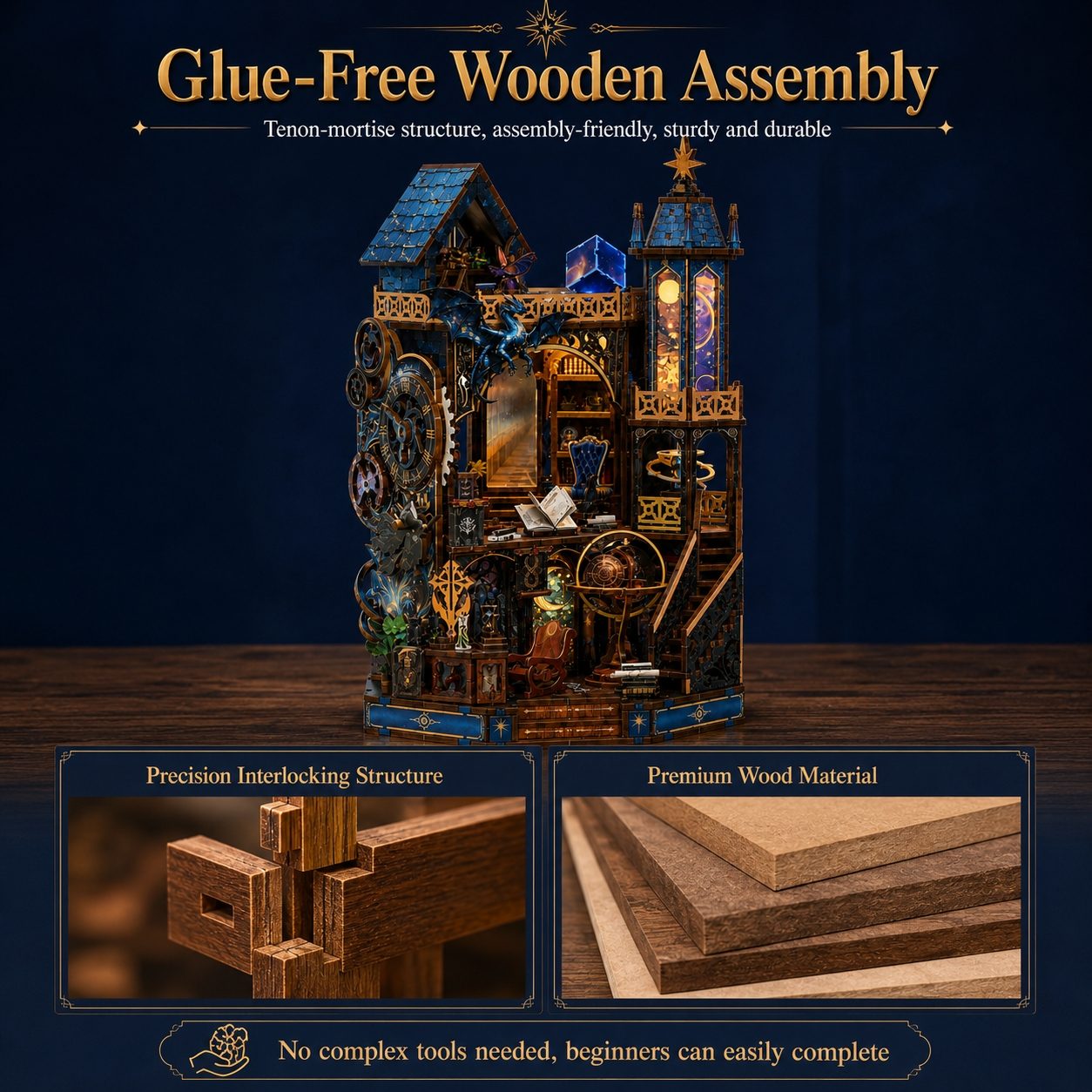 A decorative wooden Celestial miniature house or model structure displayed on a dark blue background, with marketing text at the top and two inset detail panels at the bottom highlighting interlocking joints and wood layers. No person, animal, or real environment is present, so this is Product/Packaging rather than Lifestyle.