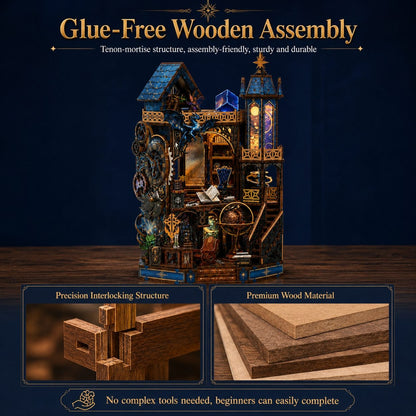 A decorative wooden Celestial miniature house or model structure displayed on a dark blue background, with marketing text at the top and two inset detail panels at the bottom highlighting interlocking joints and wood layers. No person, animal, or real environment is present, so this is Product/Packaging rather than Lifestyle.