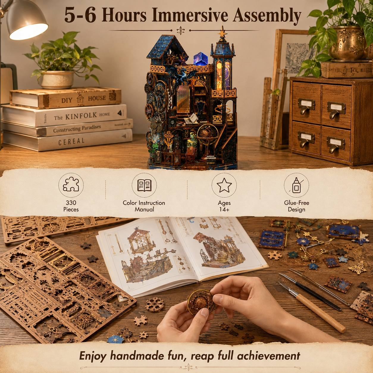 A Celestial-style wooden model kit shown assembled on a wooden table, with hands holding a small wooden piece in the foreground. The scene includes books, plants, drawers, tools, and an instruction booklet, plus overlaid marketing text reading '5-6 Hours Immersive Assembly' and 'Enjoy handmade fun, reap full achievement.