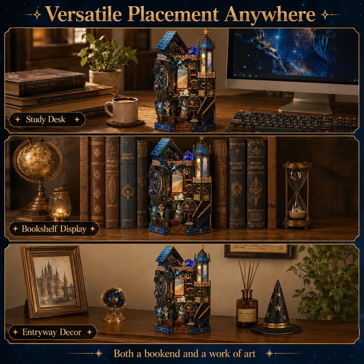 A decorative gothic-style house-shaped miniature house shown in three lifestyle scene panels: on a study desk with books and a computer, on a bookshelf among book spines, and as entryway decor on a wooden table. The product appears blue and black with illuminated window details and small gold-toned accents.
