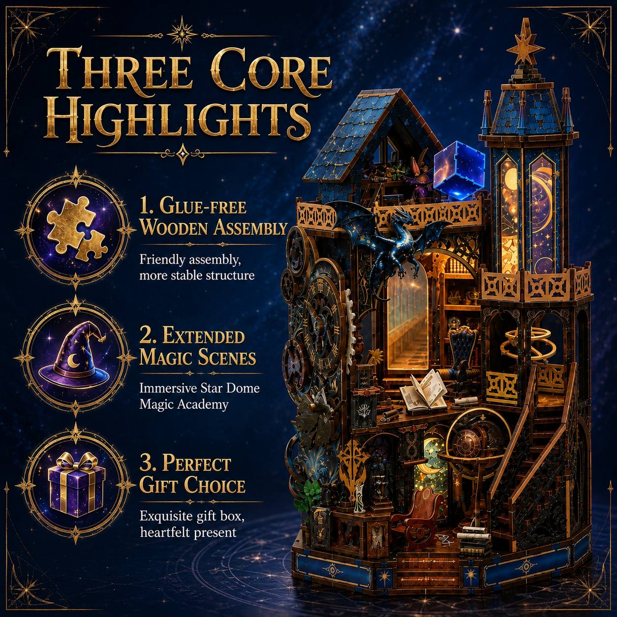 A promotional graphic for a wooden magic-themed tower model, showing the assembled product on the right and three feature callouts on the left under the heading 'Three Core Highlights' against a starry night sky background.