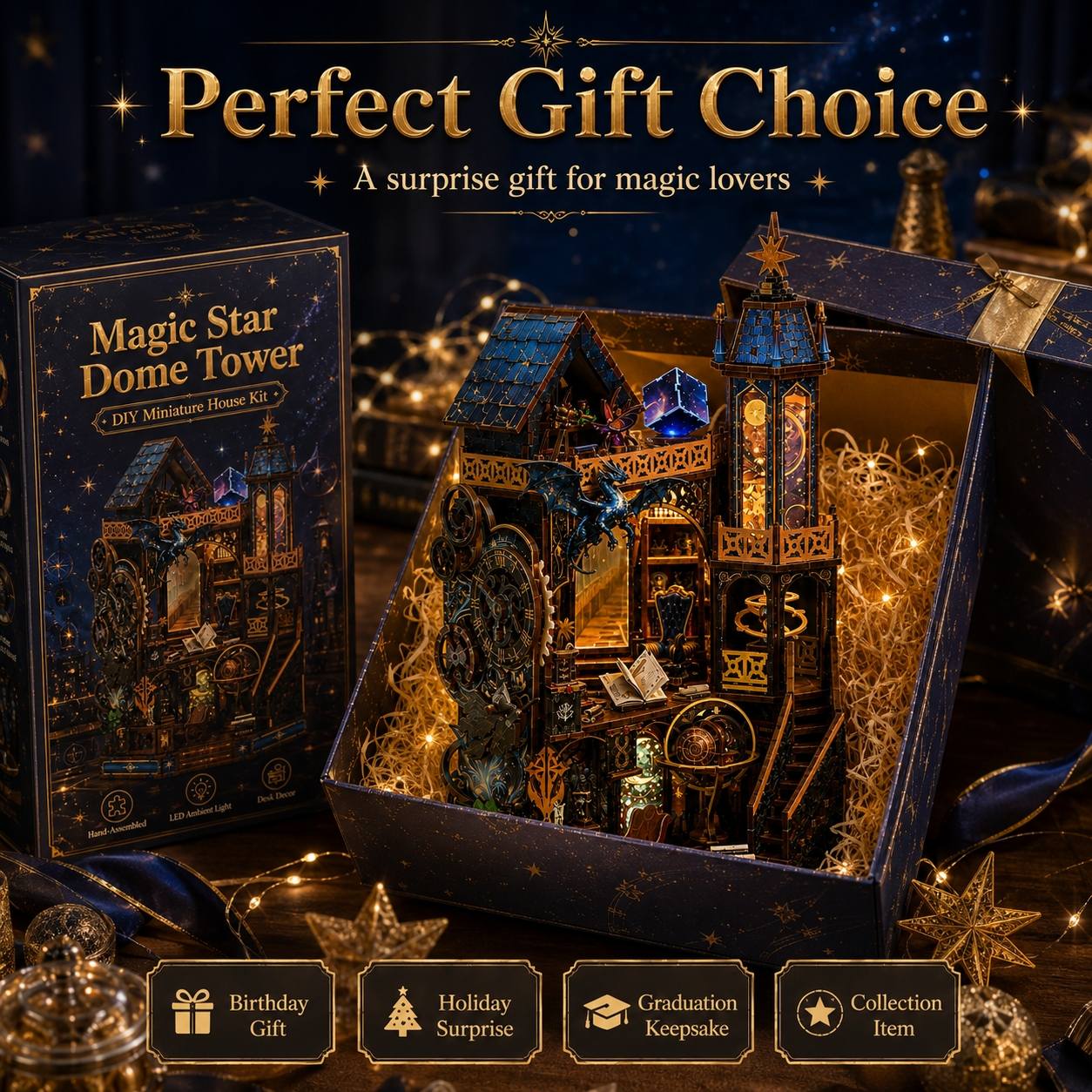 A decorative DIY miniature house kit labeled 'Magic Star Dome Tower' shown in its dark blue gift box, with the assembled tower displayed open inside the box. The scene includes festive star ornaments, warm string lights, and promotional text reading 'Perfect Gift Choice' and four usage occasions: Birthday Gift, Holiday Surprise, Graduation Keepsake, and Collection Item.