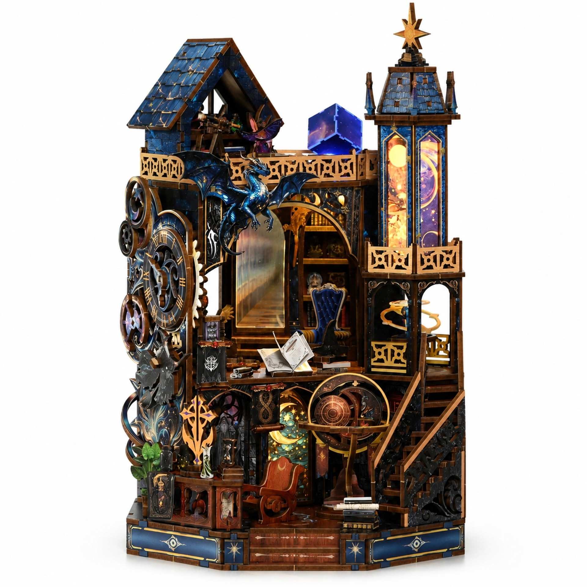 A highly detailed, multi-level Celestial miniature castle model with intricate gears, gears, gears, and fantasy-themed decorations, shown on a plain white background.