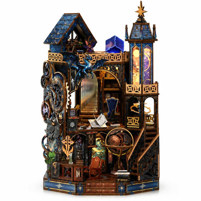 A highly detailed, multi-level Celestial miniature castle model with intricate gears, gears, gears, and fantasy-themed decorations, shown on a plain white background.