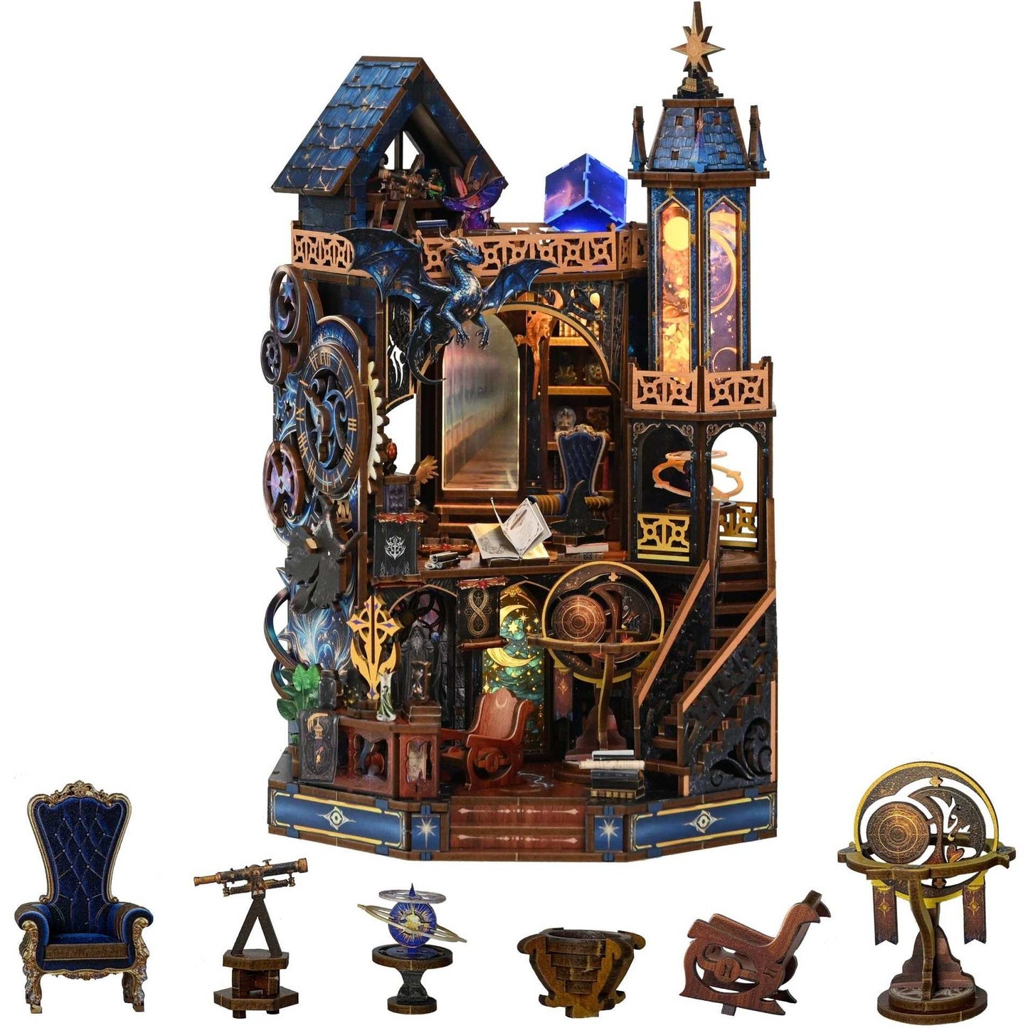 Celestial-themed miniature castle model with intricate gears, windows, stairs, and small attached accessories including a blue upholstered chair, telescope, globe, and other decorative pieces, shown on a plain white background.