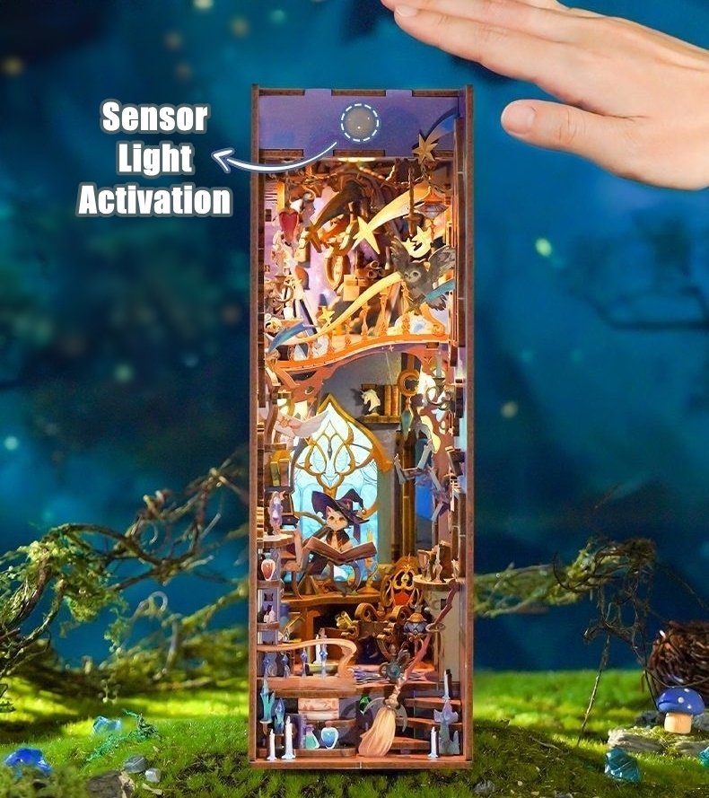 Wooden Book Nook of Magic world theme with sensor light activation in a fantasy setting
