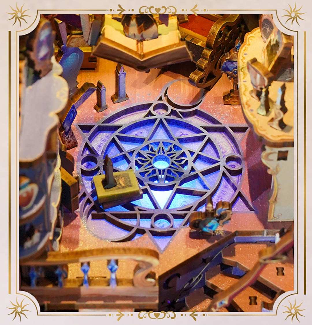 Close-up of a detailed wooden miniature magic circle model with intricate design and lighting effects.