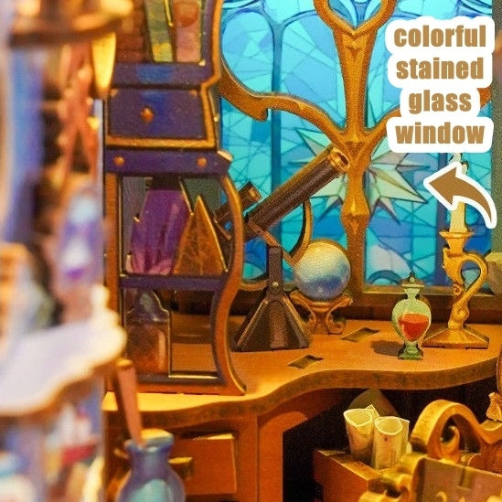 Colorful stained glass window in a magic-themed room with shelves and decorative items in Magic Stars Room Book Nook