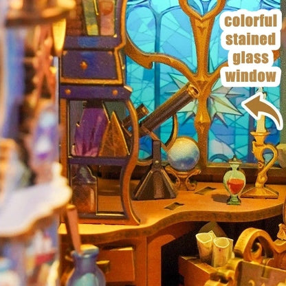 Colorful stained glass window in a magic-themed room with shelves and decorative items in Magic Stars Room Book Nook