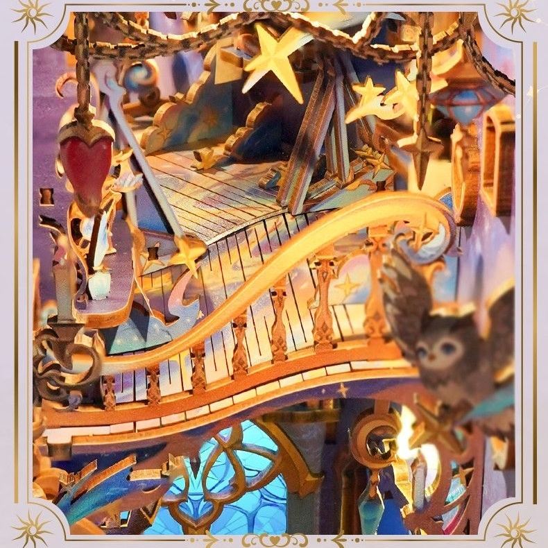 close up miniature wooden staircase with ornate railings and star accents in a fantasy setting.