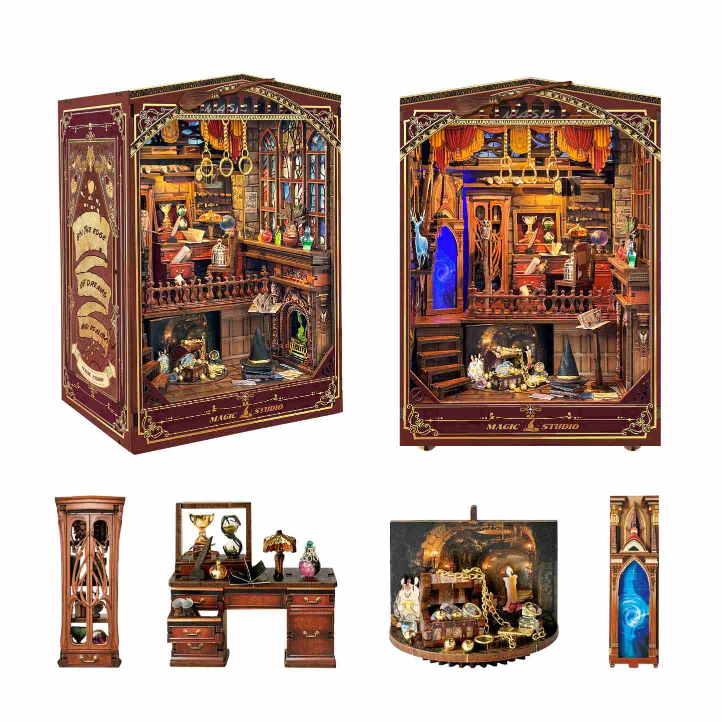 image displaying the different views of Magic Studio DIY Book Book  with miniature furniture