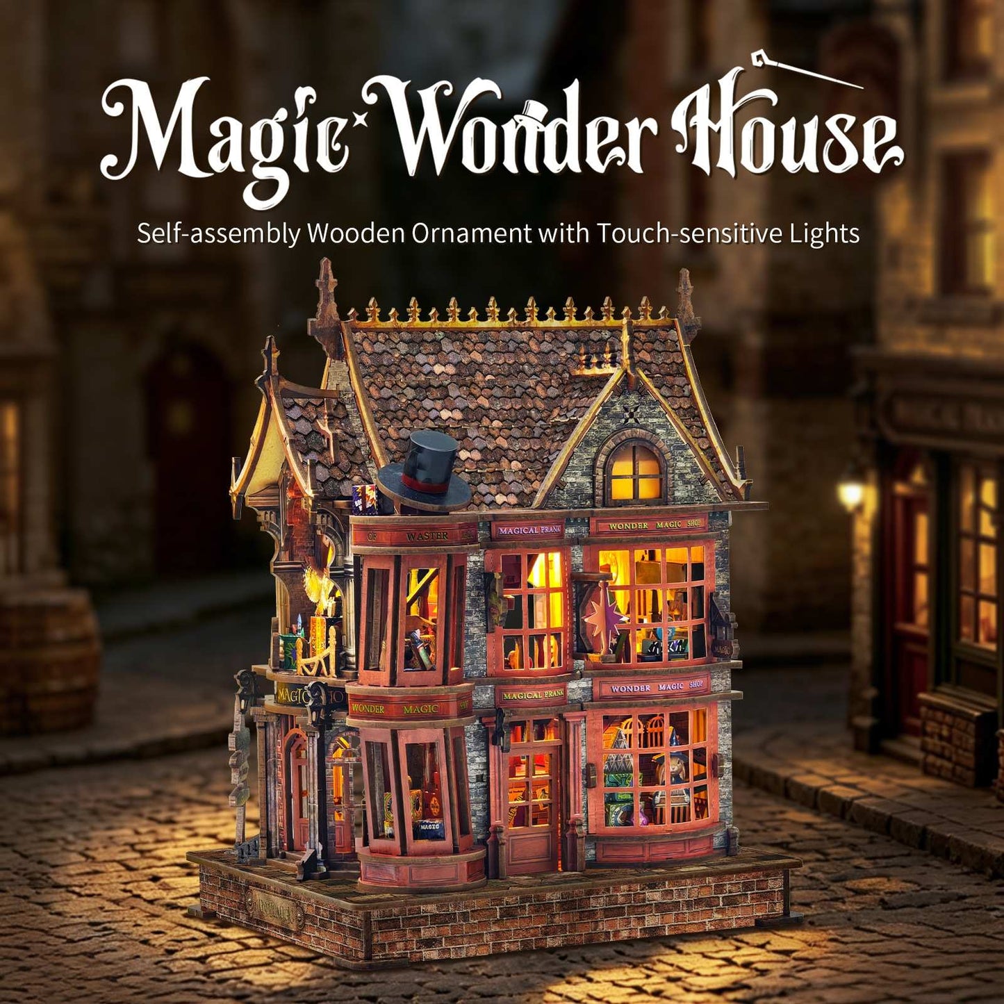 Wooden home decoration resembling miniature a house with 'Magic Wonder House' branding and touch-sensitive lights.