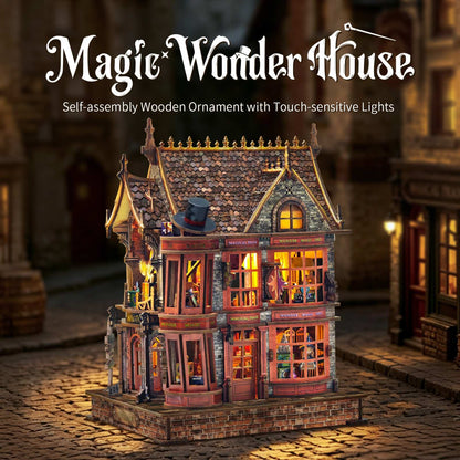 Wooden home decoration resembling miniature a house with 'Magic Wonder House' branding and touch-sensitive lights.