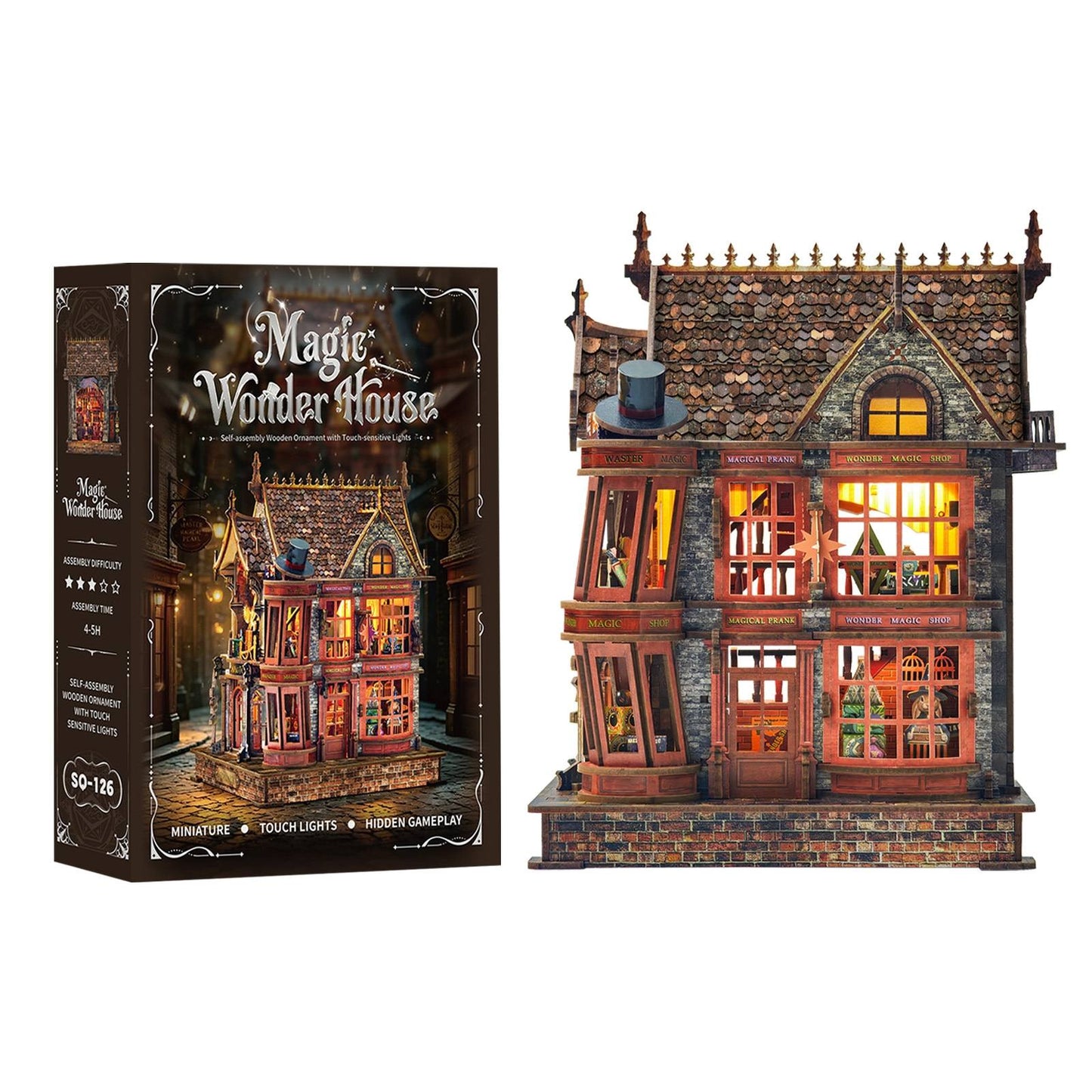 Magic Wonder House miniature house model and packaging on a white background