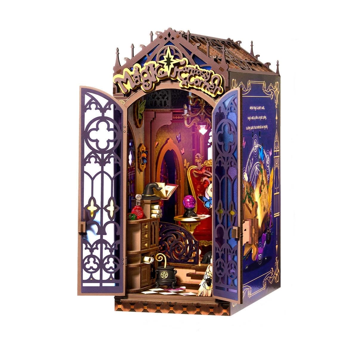 Book Nook model of a magical study with open doors revealing intricate interior.