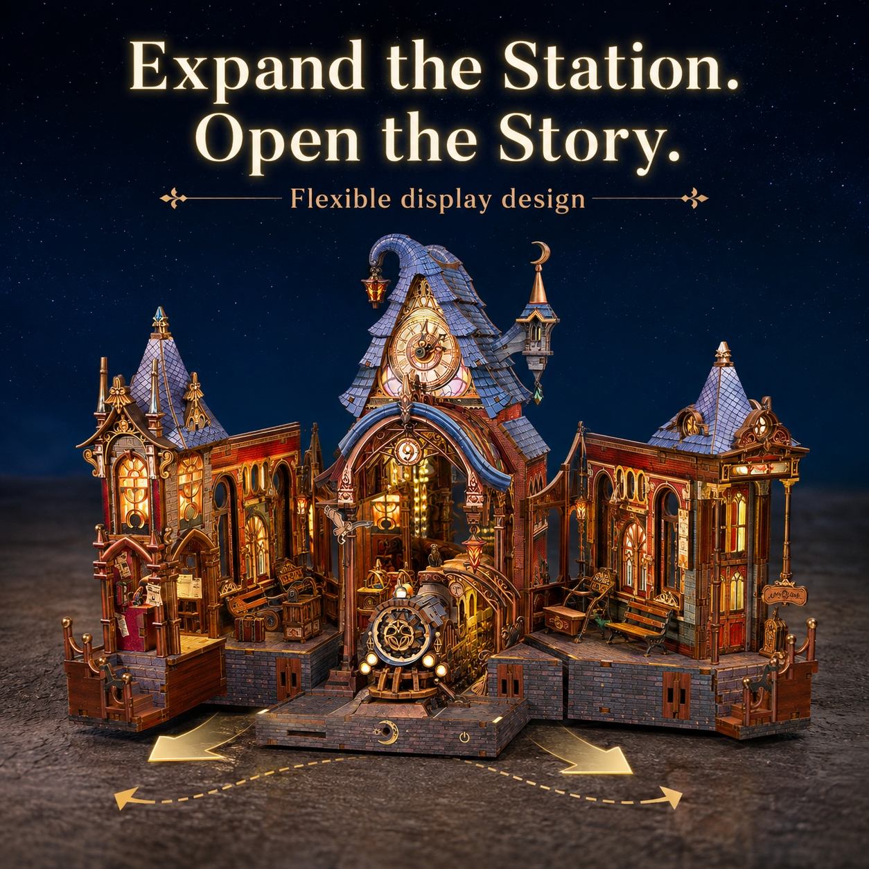 A steampunk-style miniature train station model displayed against a dark starry background, with promotional text reading 'Expand the Station. Open the Story.