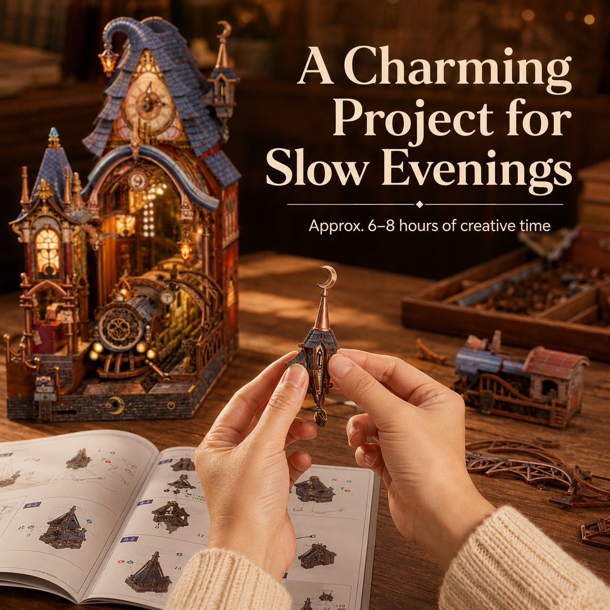 A person holds a small miniature ornament in front of a beautifully assembled steampunk-style clock tower model on a wooden table. An open instruction booklet and loose parts are visible, with overlaid text reading 'A Charming Project for Slow Evenings' and 'Approx.
