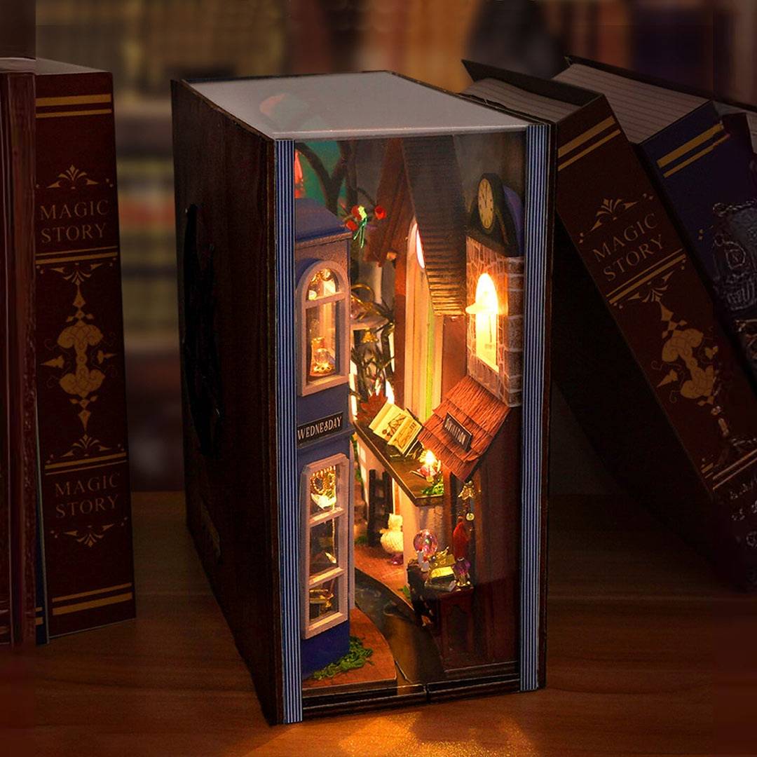 Magic Spell Street DIY Book Nook Kit, a miniature bookend inspired by diagon alley in Harry Potter. perfect for DIY lovers, dollhouse collectors, bookshelf insert decor, A great DIY project for magic world fans.