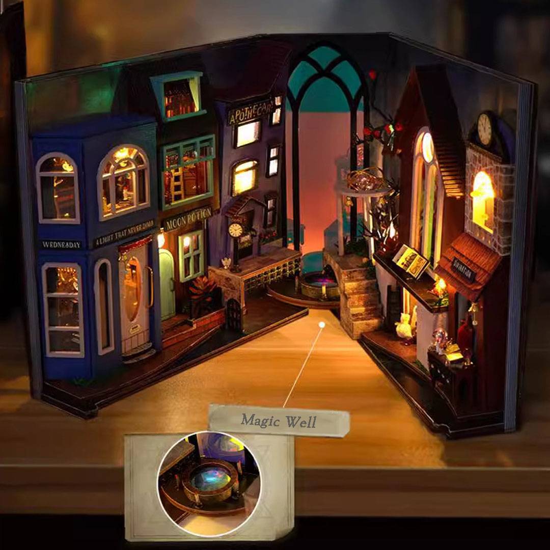 Magic Spell Street DIY Book Nook Kit, a miniature bookend inspired by diagon alley in Harry Potter. perfect for DIY lovers, dollhouse collectors, bookshelf insert decor, A great DIY project for magic world fans.