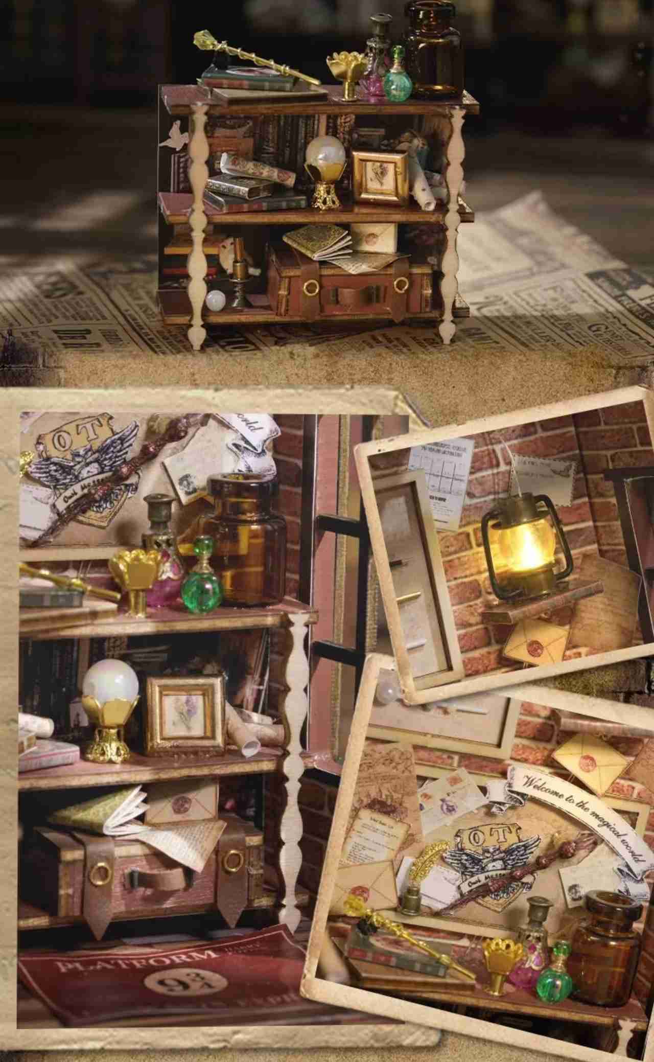 image displaying the miniature furniture cupboard filled with magic items in Magic Wand Shop DIY Miniature House Kit