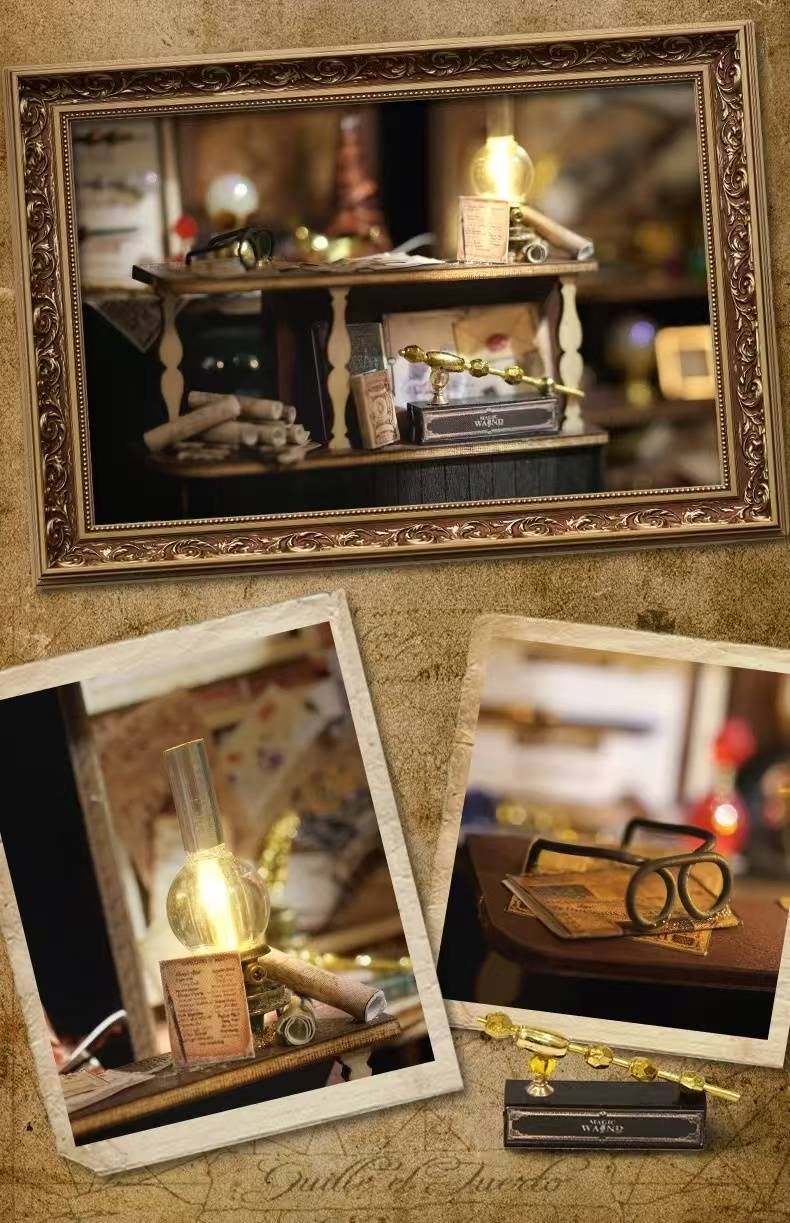 close up the miniature items in Magic Wand Shop DIY Miniature House Kit, including oil lamp, glasses, golden wand