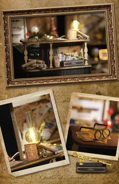 close up the miniature items in Magic Wand Shop DIY Miniature House Kit, including oil lamp, glasses, golden wand