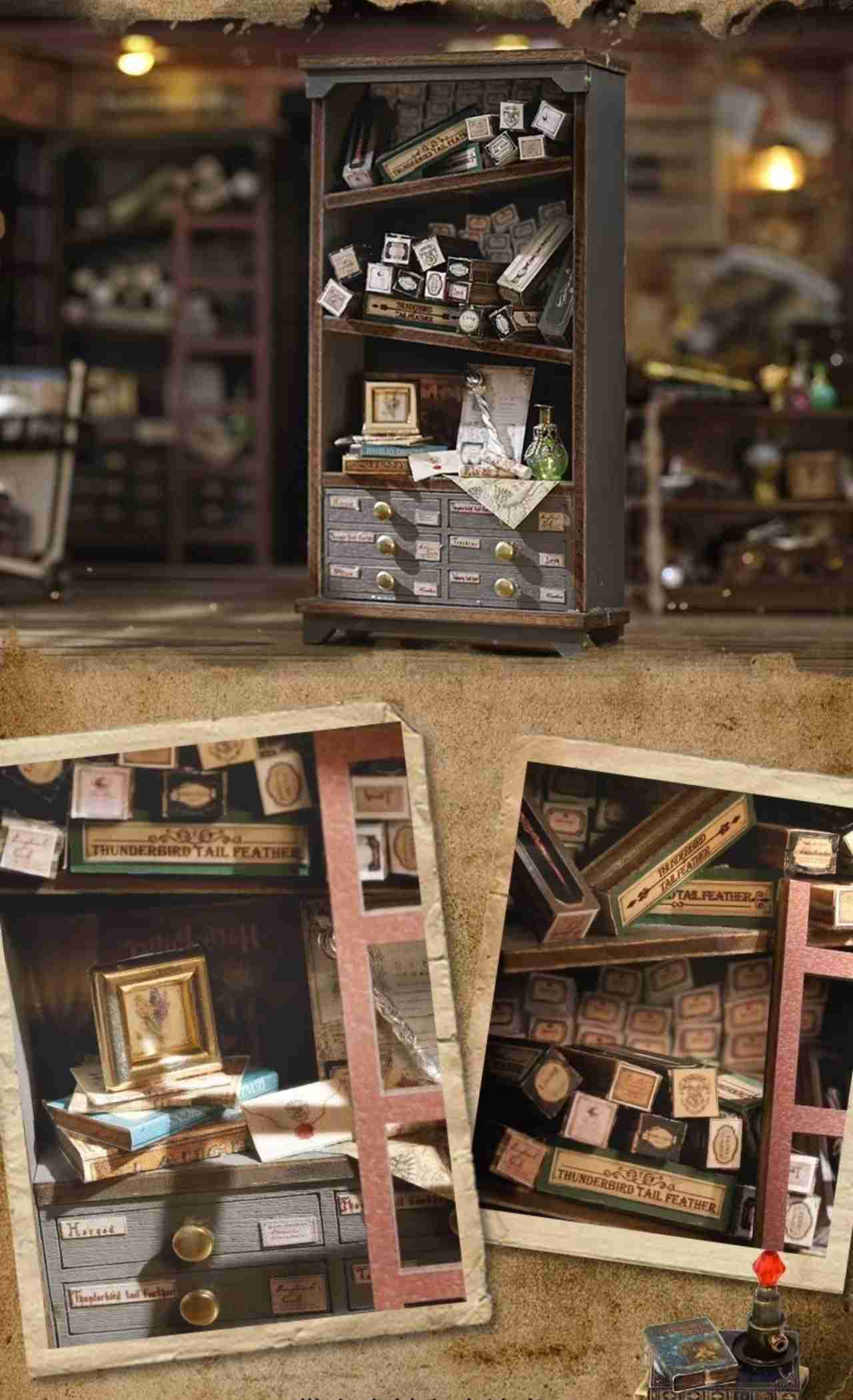 image displaying the finished miniature furniture of black grocery cabinet, and close up goods in it