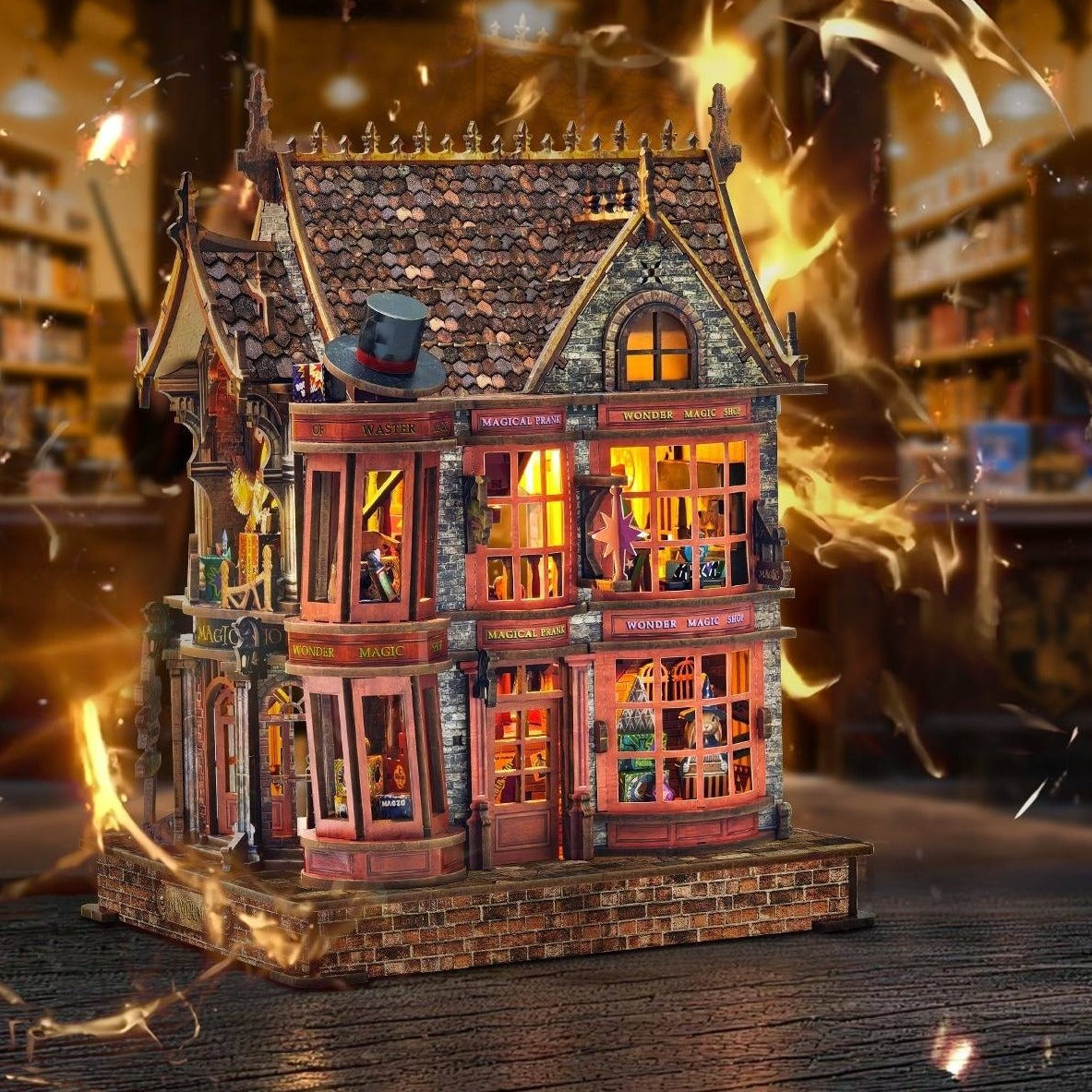 Detailed miniature house model of a vintage magic shop with glowing windows, surrounded by magical energy.