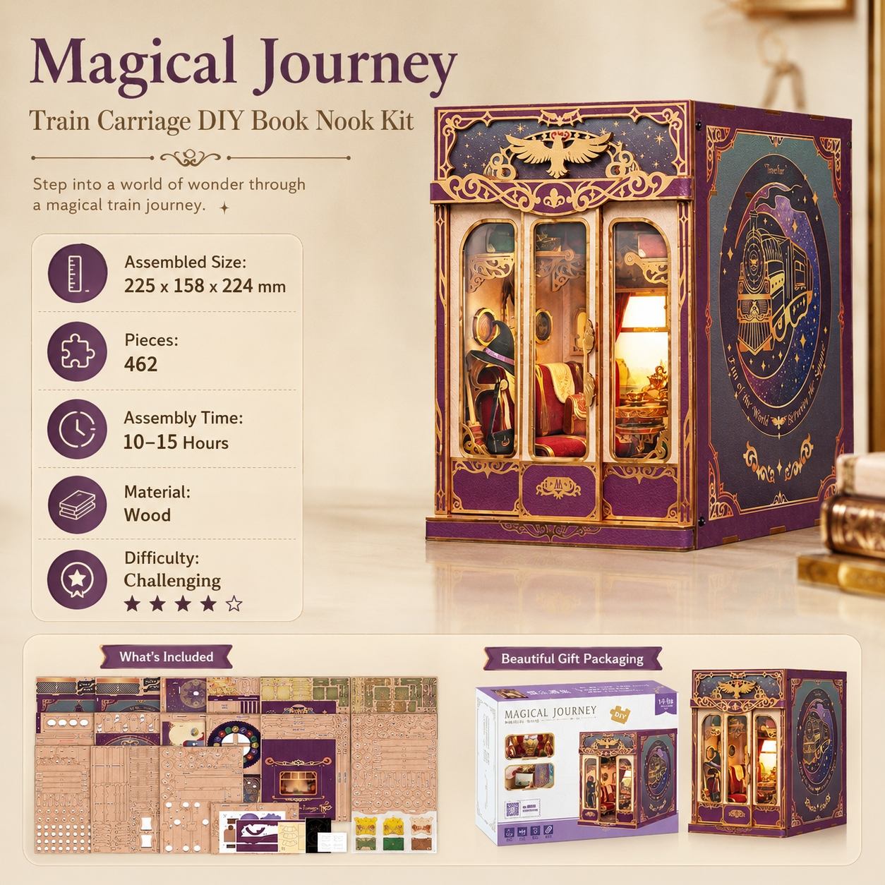 Magical Journey Train Carriage DIY Book Nook Kit promotional graphic showing a completed ornate wooden book nook with purple and gold detailing, interior scene, and product specs on a beige background. Includes included pieces, packaging, and a small view of the retail box.