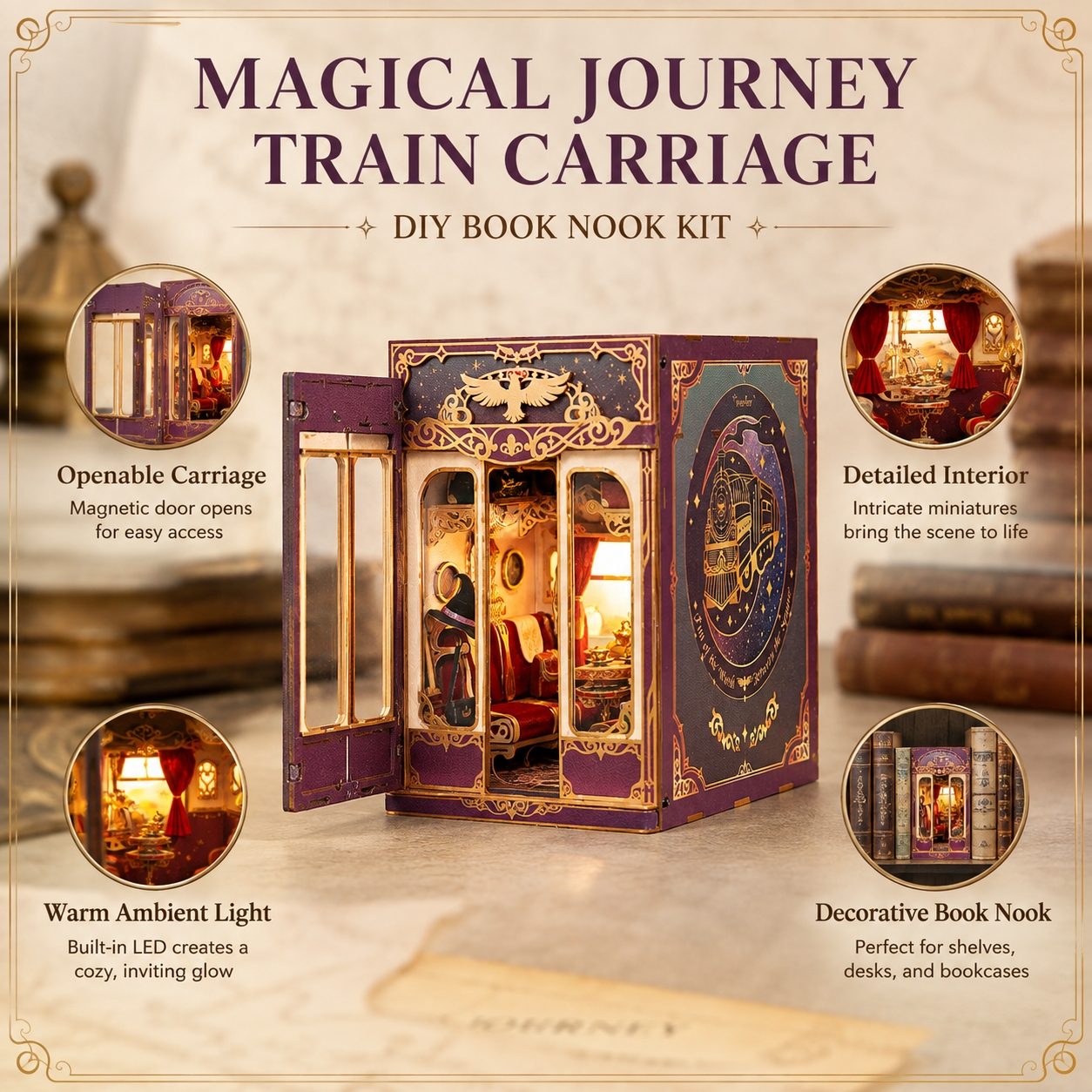 A graphic for a DIY book nook kit shaped like a magical train carriage. The main subject is the assembled purple and gold train carriage with warm glowing interior lights, shown open with a door.