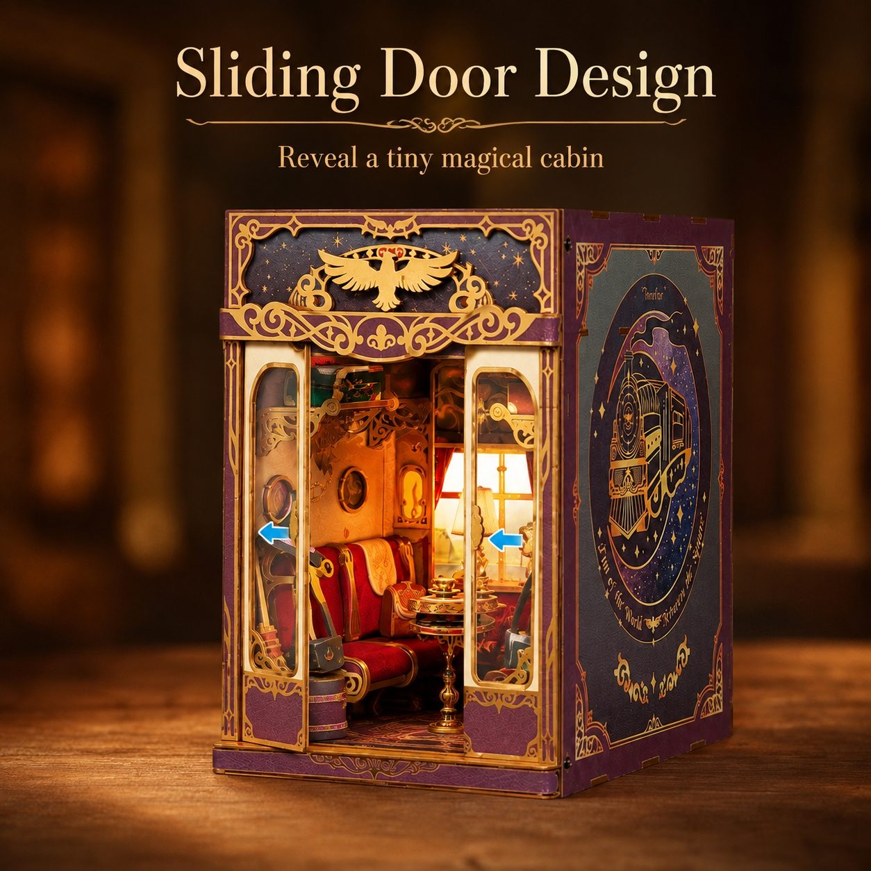 A miniature sliding-door box shown open on a wooden surface, revealing a tiny cozy cabin interior with warm lights and furniture. Text at the top reads 'Sliding Door Design' and 'Reveal a tiny magical cabin.