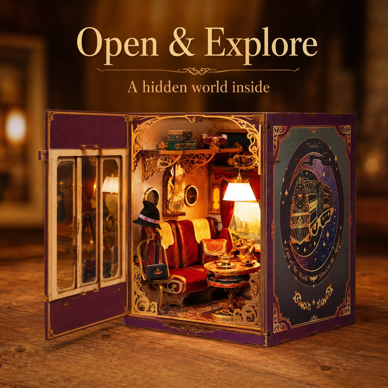 A miniature book nook box shown open on a wooden surface, revealing a detailed cozy interior with red upholstered seating, a glowing lamp, and miniature decor. The box exterior is purple and blue with ornate gold detailing.