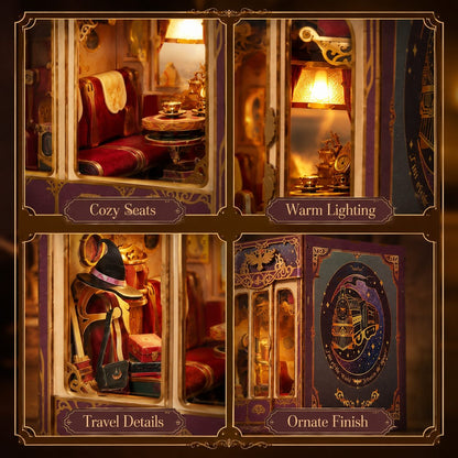 A four-panel collage showing a miniature travel-themed room set with labeled callouts: 'Cozy Seats,' 'Warm Lighting,' 'Travel Details,' and 'Ornate Finish.' The scene includes red upholstered seats, warm glowing lamps, ornate gold detailing, and a dark blue decorative panel with a train illustration.