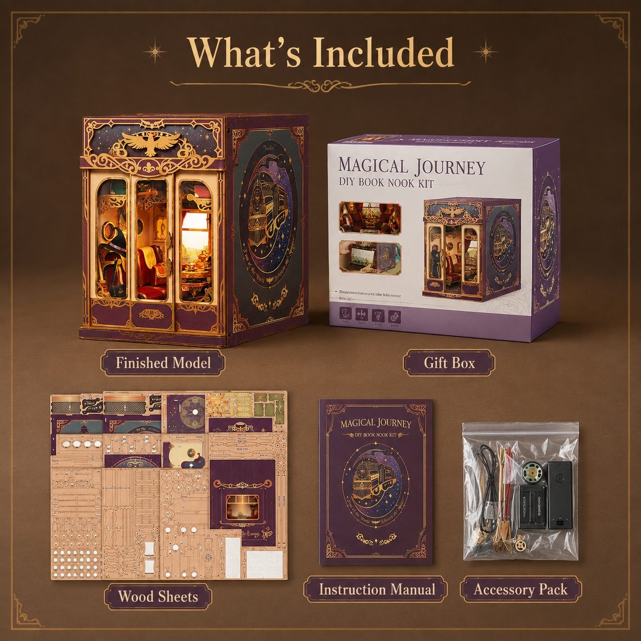 A product inclusion layout for a 'Magical Journey DIY Book Nook Kit' on a dark brown background. It shows the finished illuminated book nook model, the purple and white gift box, wood sheets, an instruction manual, and an accessory pack.