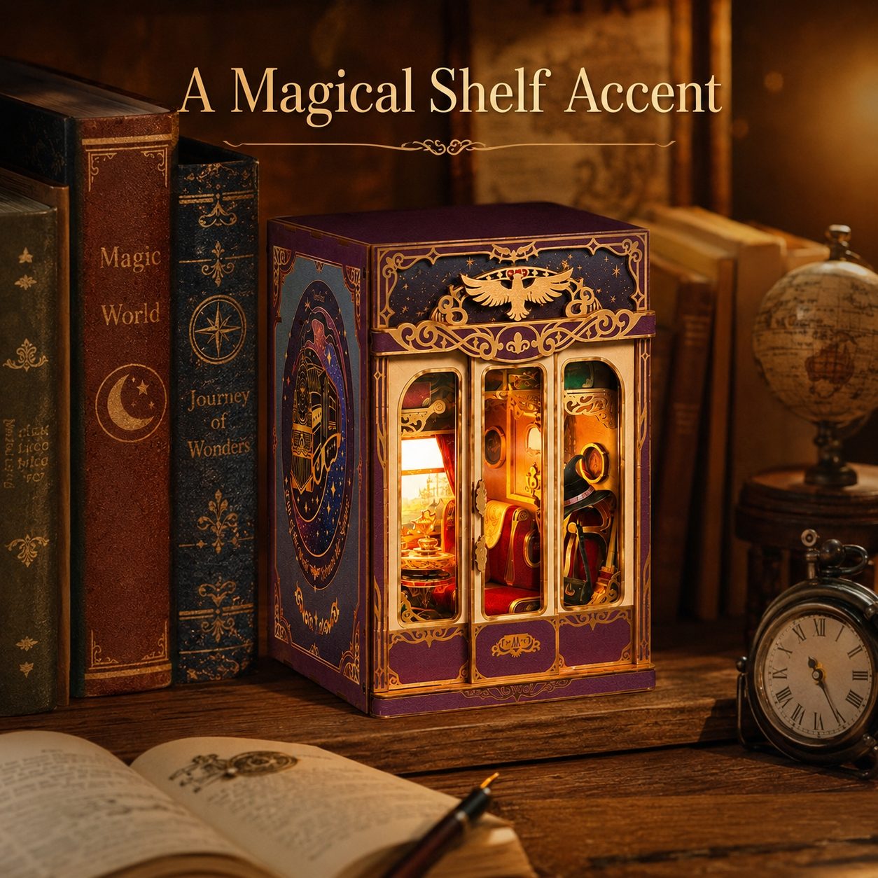 A decorative purple and gold miniature shelf accent book nook with a glowing interior scene, styled on a wooden table among old books, an open book, a pen, and a clock. Text at the top reads 'A Magical Shelf Accent'.