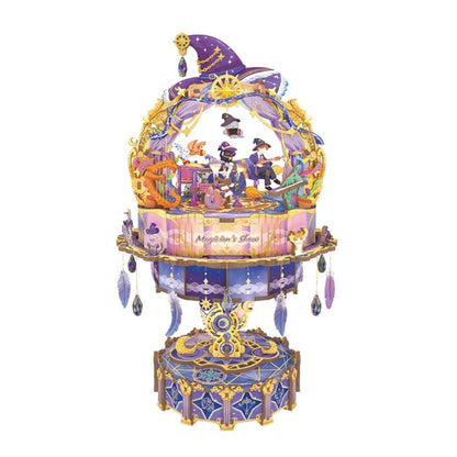 3D wooden puzzle music box of Magician's Show theme, with fantastic design on a white background