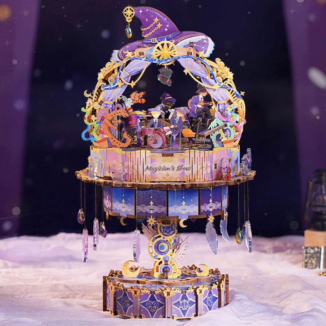 assembled Magician's Show wooden music box with details  on a magical setting