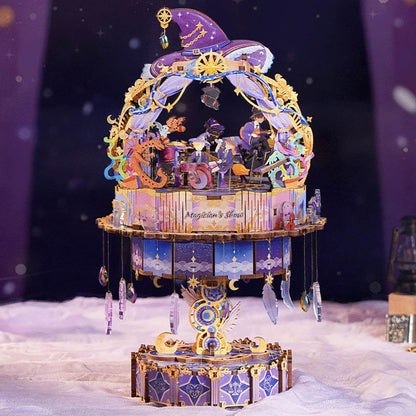 assembled Magician's Show wooden music box with details  on a magical setting