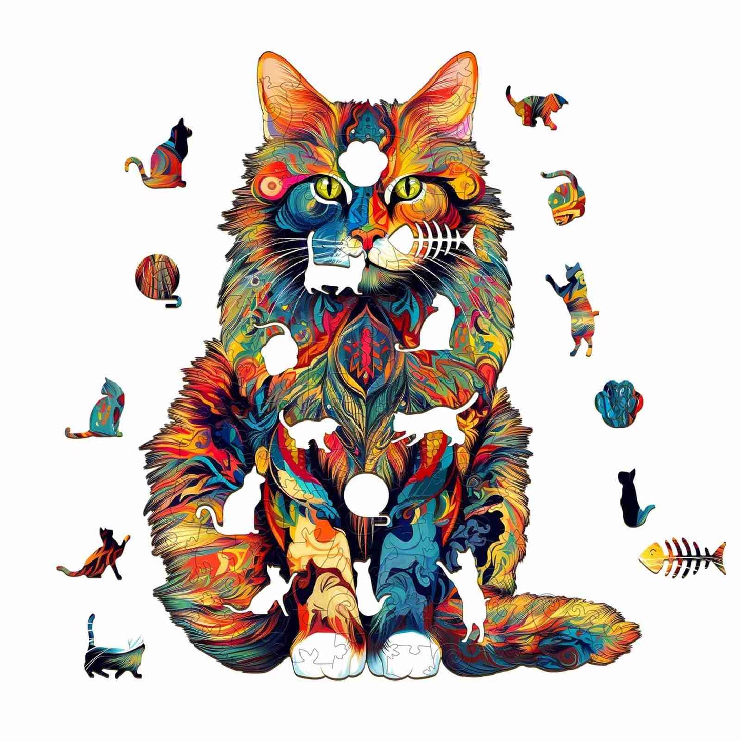 image displaying the cat-themed pieces of Maine Cat Wooden Jigsaw Puzzle