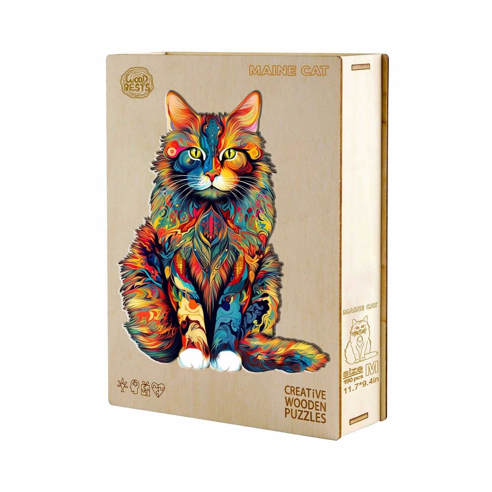 image displaying the assembled Maine Cat Wooden Jigsaw Puzzle in wooden box packing