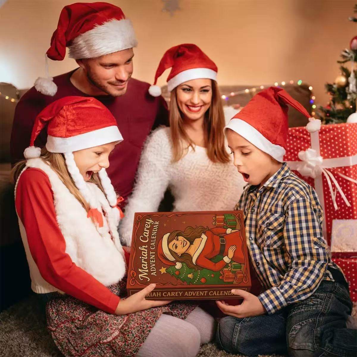 Family of four wearing Santa hats around a Christmas tree with an advent calendar.