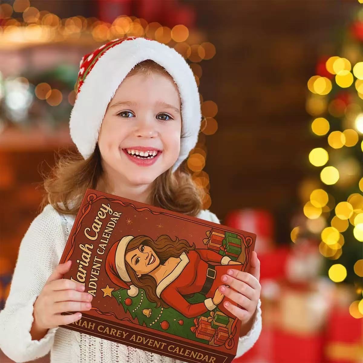 Child wearing a Santa hat holding a Mariah Carey-themed calendar with blurred festive background