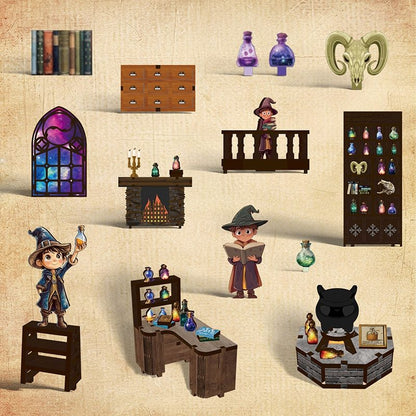 image displaying the miniature furniture, accessories and figures of Master Alchemist Book Nook